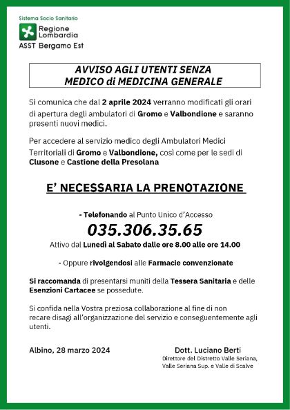 Avviso agli utenti senza medico di medicina generale